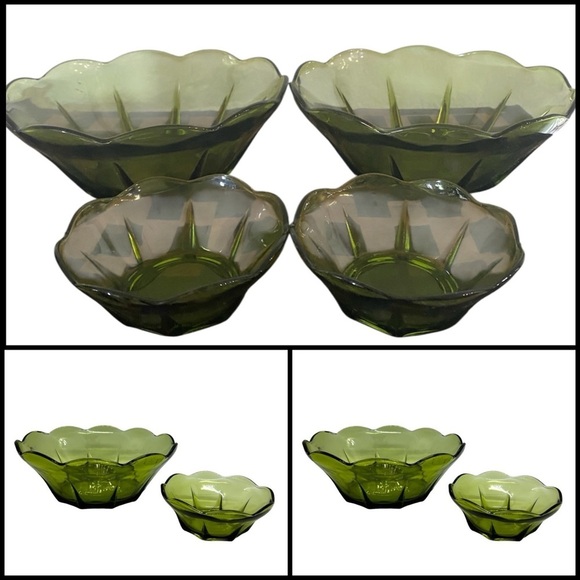 4 Vintage MCM Avocado Green Scalloped Glass (2) 8”Large and (2) 4.5”Small Bowls - Picture 2 of 13